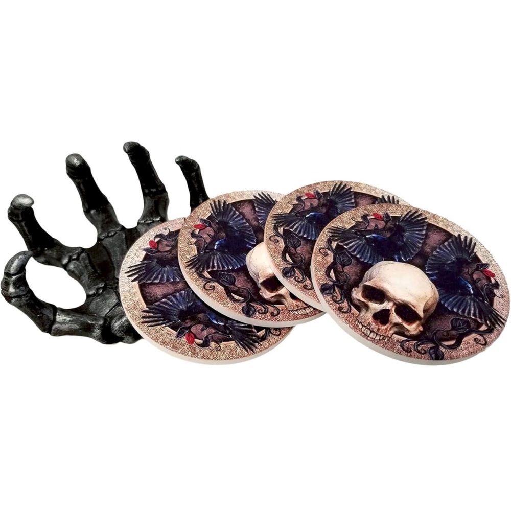 Beautiful Gothic Skull Coasters with Skeleton Hand - Wedding Gift Idea!